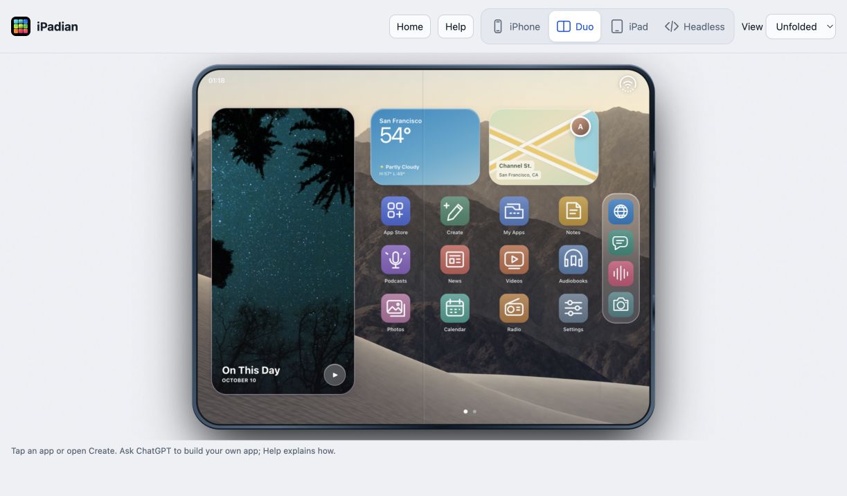 iPadian MCP home screen with colorful app icons inside the Duo preview